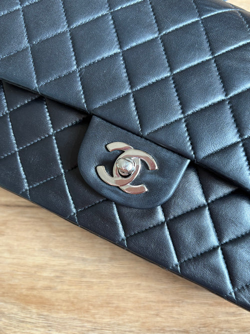 Authentic Chanel Medium Flap 11.12 Black Lambskin Leather Silver Hardware